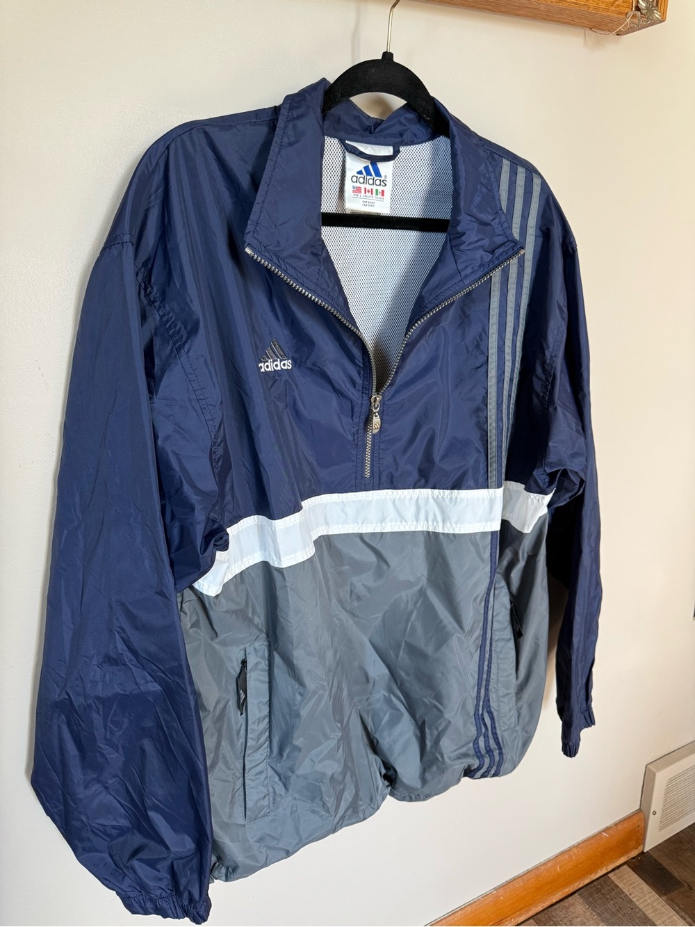 adidas Navy and Gray Pullover Windbreaker with White Stripe